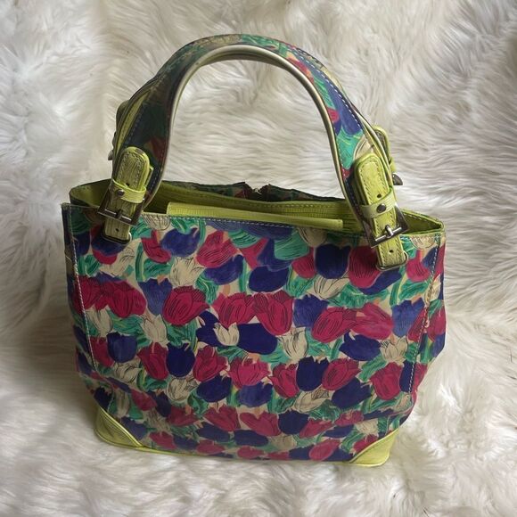 Sharon 71% silk multi color tulips & leather crocs print sage green satchel . - Picture 8 of 15